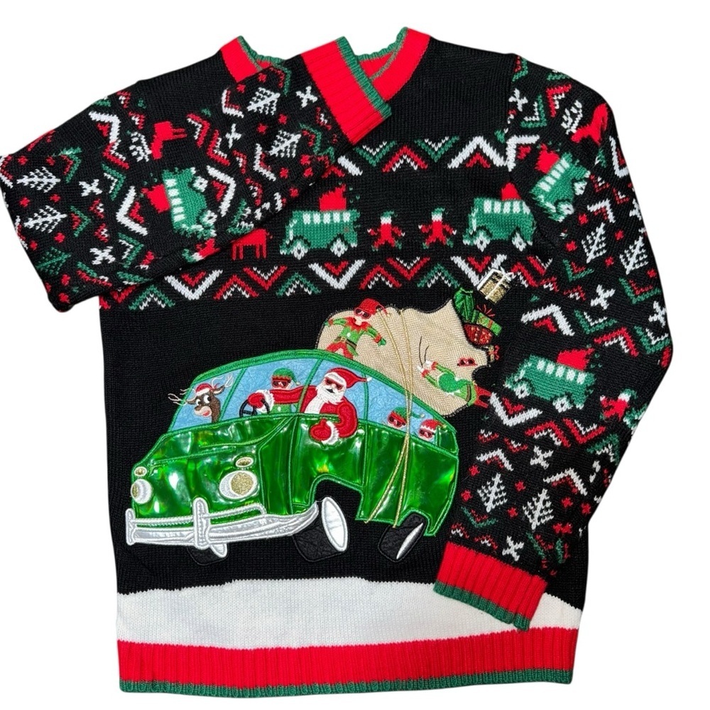 Kids Holiday Time Christmas Sweater L 10-12 Santa Reindeer Car Festive Black